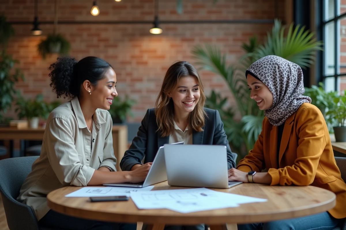 Groupe de femmes diversifiées collaborant sur des projets innovants dans un laboratoire de startup