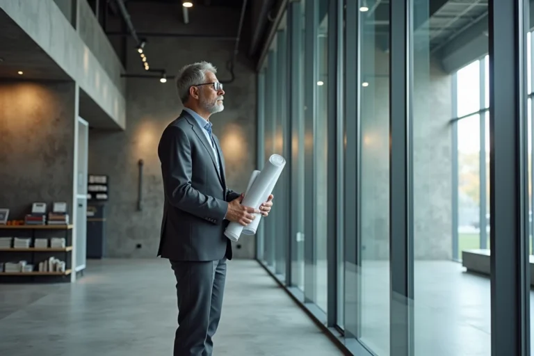 Architecte devant une baie vitrée aluminium haut de gamme dans un showroom contemporain