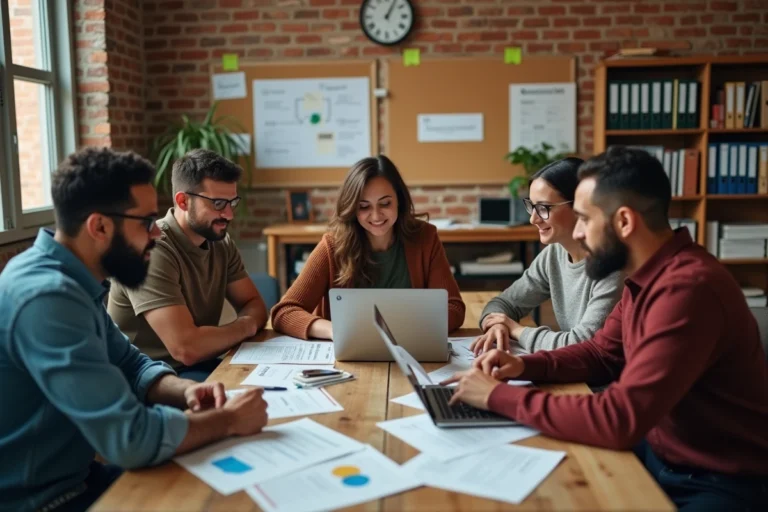 Groupe de personnes collaborant autour d'une table dans un espace coopératif, illustrant les principes de l'économie participative