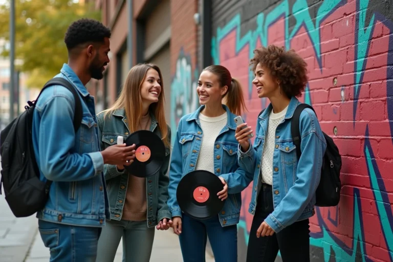 Groupe de jeunes adultes devant une fresque urbaine colorée