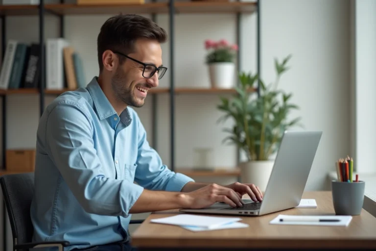 Homme en bureau moderne naviguant sur son ordinateur