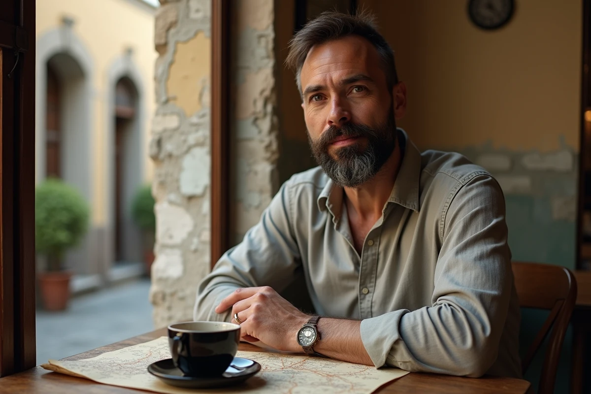 Homme seul dans un café européen discret avec une carte papier et un café, évoquant la vie hors réseau et la volonté de disparaître de la vie numérique