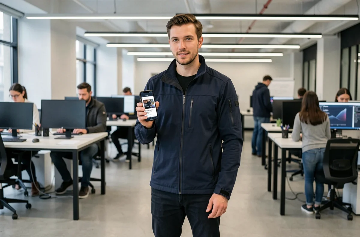 Homme en espace de coworking consultant des actualités technologiques sur smartphone, illustrant la veille high-tech et les tendances web