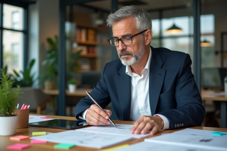 Homme d'âge moyen en réunion créative dans un bureau moderne