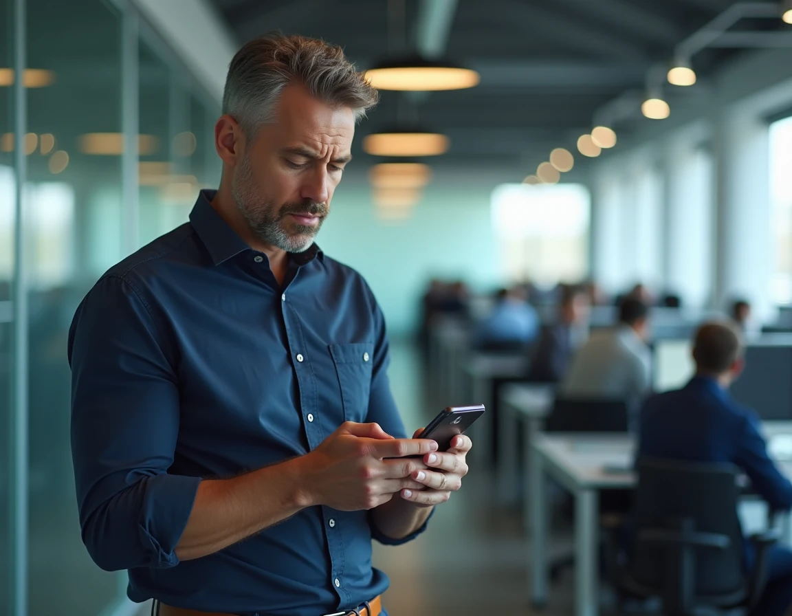 Homme en open space tentant de se connecter à son espace RH sur smartphone avec une erreur affichée