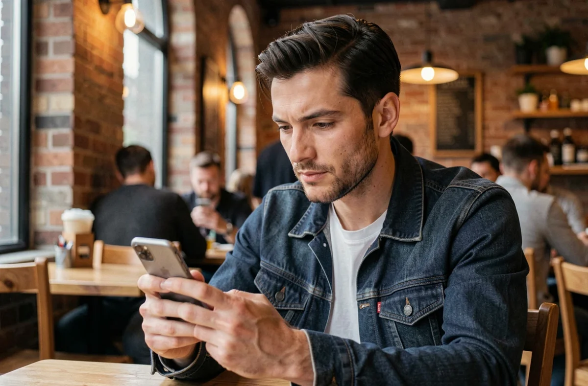 Homme consultant son smartphone dans un café urbain pour des alternatives de messagerie anonyme sécurisée