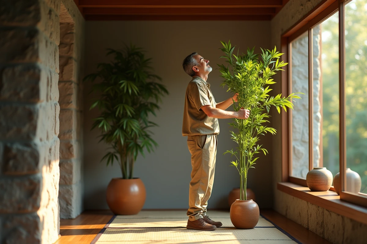 Homme soignant un bambou dans un coin lecture japonais