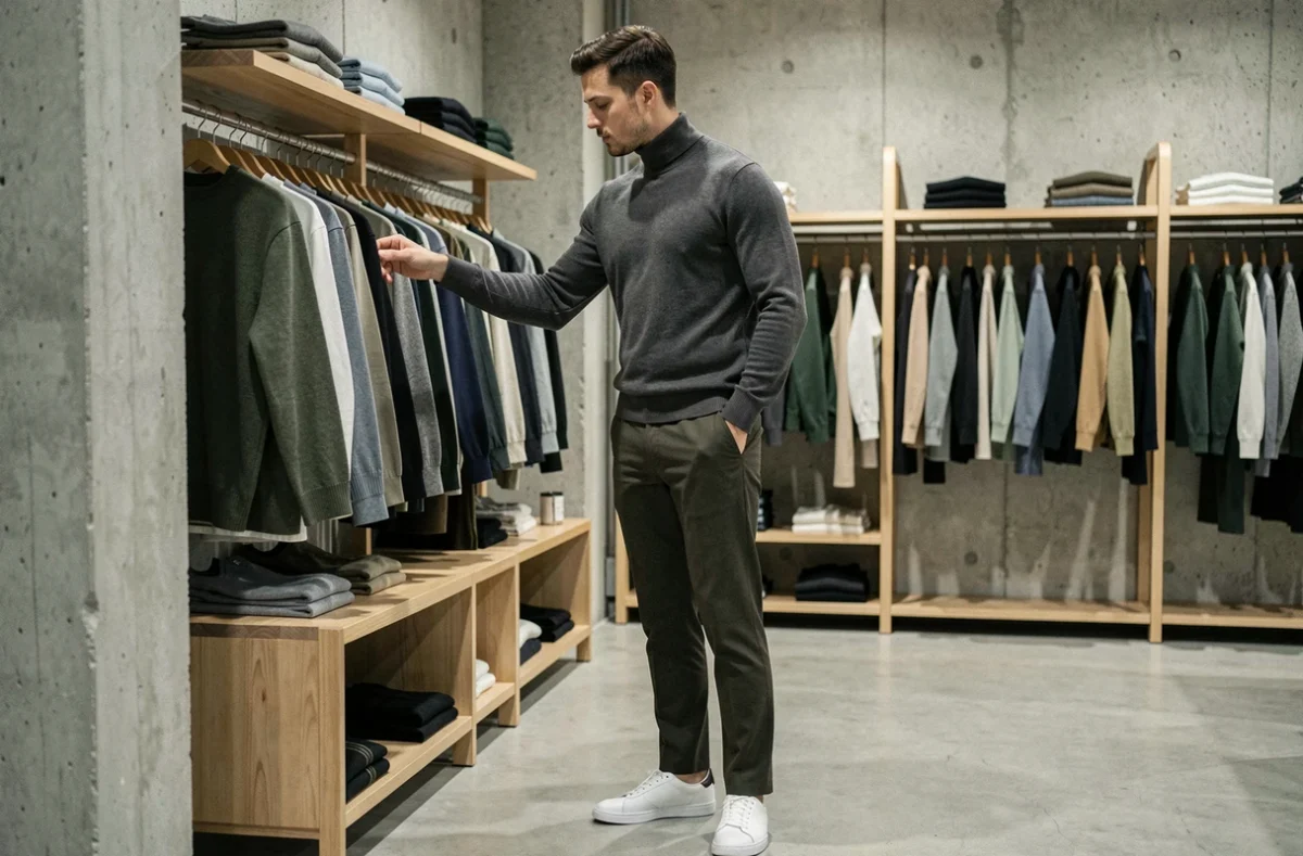 Homme en pull col roulé gris et pantalon olive dans un concept store minimaliste, tendances mode masculine élégante