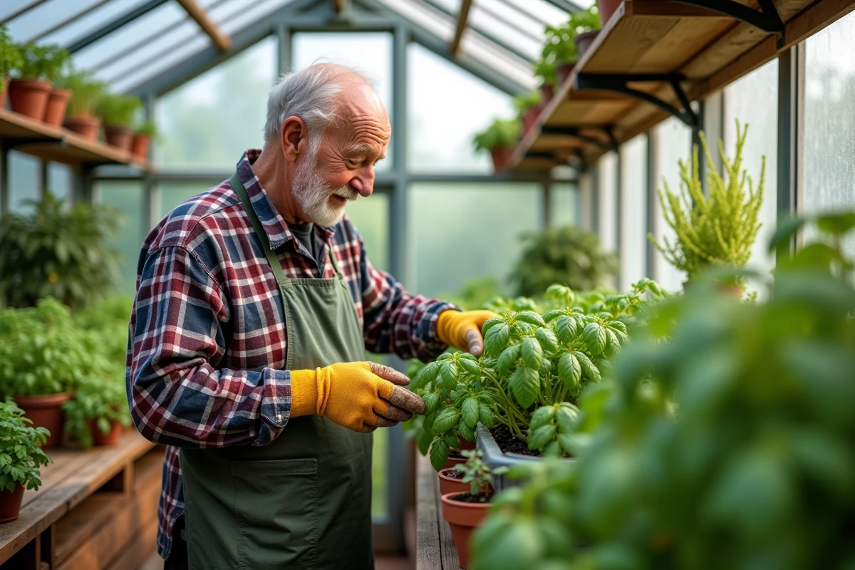 Homme âgé taillant du basilic dans une serre lumineuse