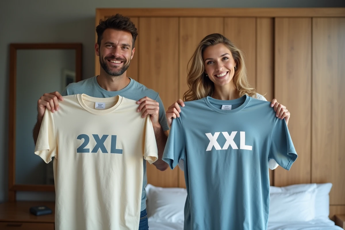 Deux adultes souriants avec t-shirts 2XL et XXL