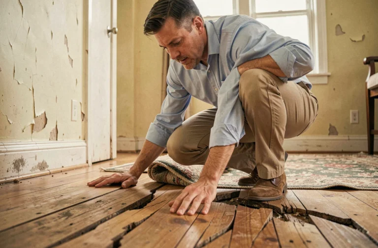 Inspecteur examinant un plancher en bois fissuré et gondolé dans une maison ancienne