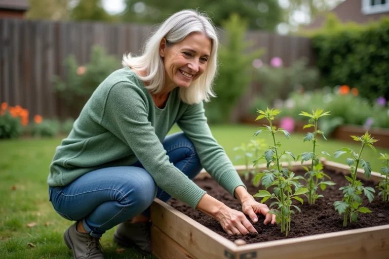 Femme plantant des jeunes tomates dans un jardin en plein air
