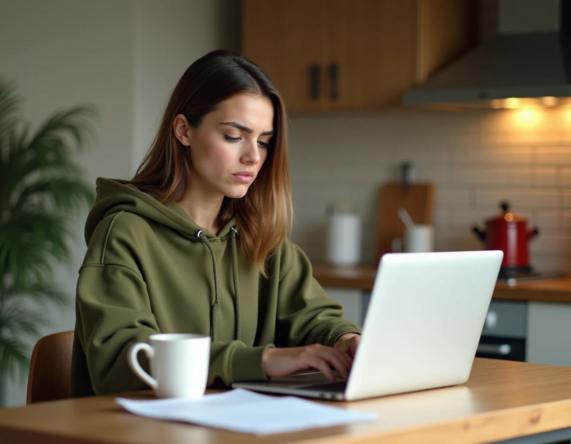 Jeune femme à la maison essayant de résoudre un problème de connexion à MyPeopleDoc sur son ordinateur