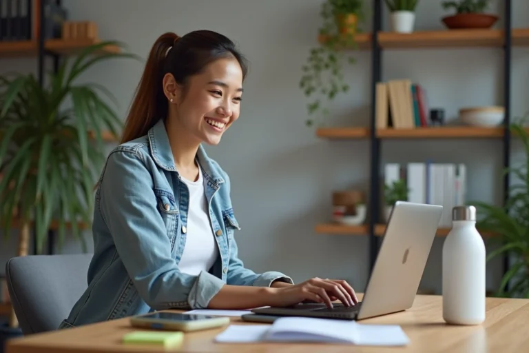 Jeune femme créant une vidéo dans un bureau moderne