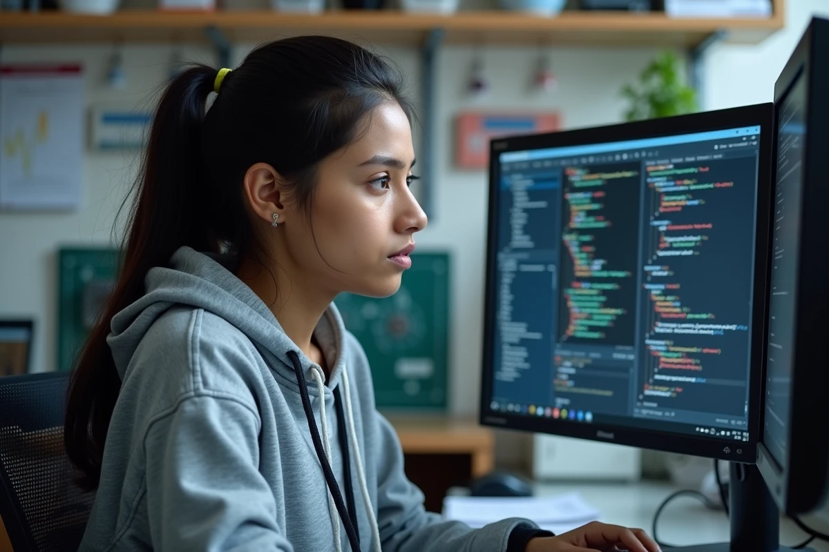 Jeune femme développeuse codant sur un poste de travail dans un laboratoire de recherche universitaire en STEM