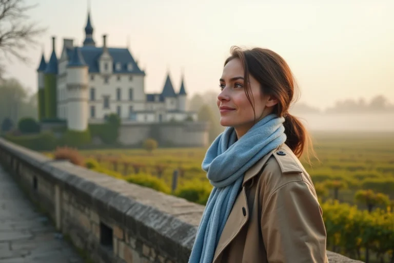 Jeune femme regardant la vallée de la Loire au lever du jour