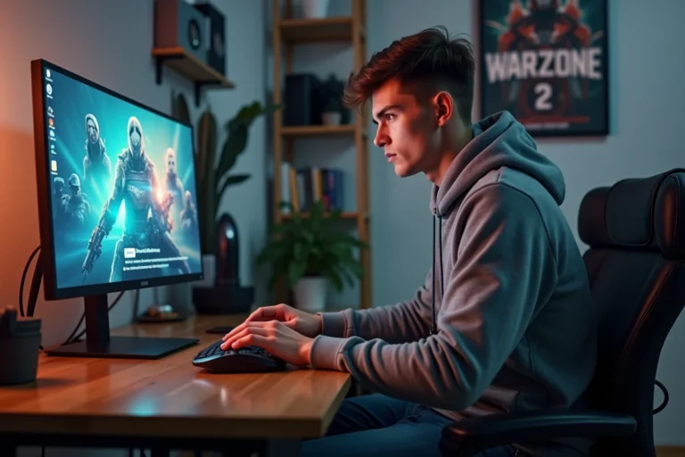 Jeune homme concentré devant un écran d'erreur Warzone 2