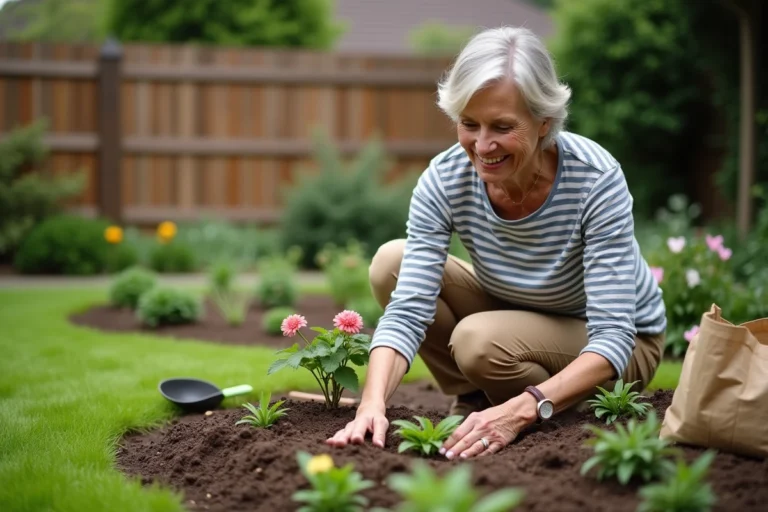 Femme moyenne âge plantant des fleurs dans le jardin