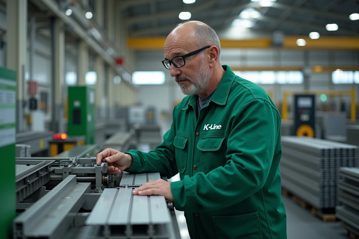 K-Line-Techniker, der eine Aluminium-Extrusionsmaschine in einem französischen Niedrigkohlenstoffwerk bedient