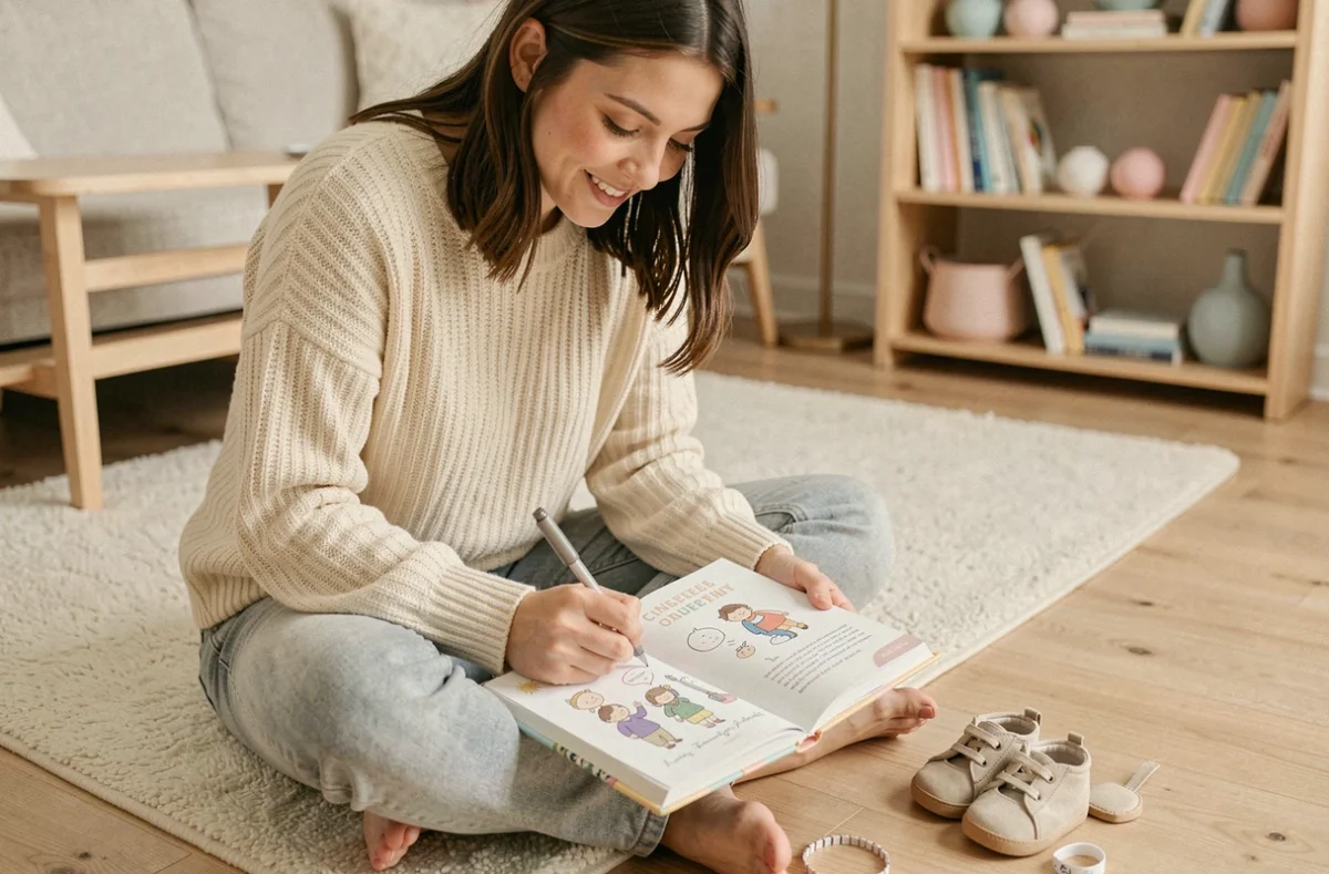 Jeune maman écrivant dans un carnet de suivi bébé posé sur le sol d'un salon scandinave chaleureux