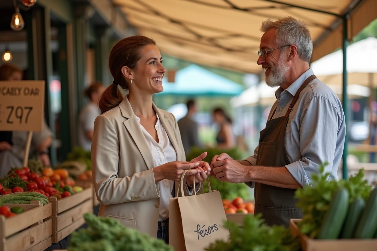Femme échangeant des produits avec un vendeur sur un marché local, symbole de l'économie circulaire et participative