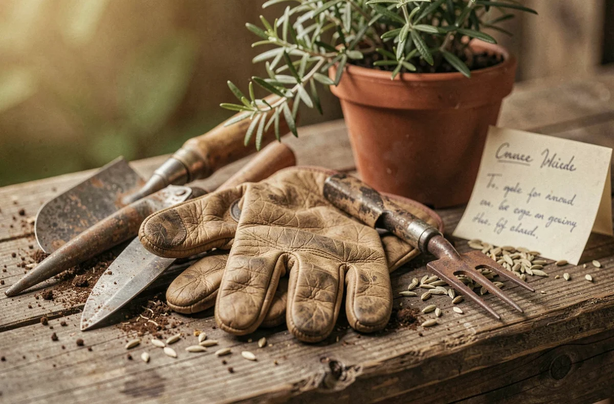 Gants de jardinage en cuir usé et outils anciens posés sur un établi de rempotage en bois patiné