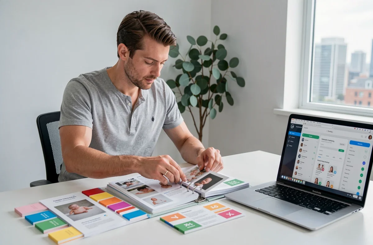 Papa organisant des photos et fiches étapes de développement bébé sur un bureau moderne à domicile