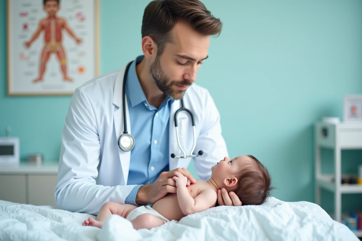 Pédiatre examinant un bébé qui arque la tête en arrière sur une table de consultation
