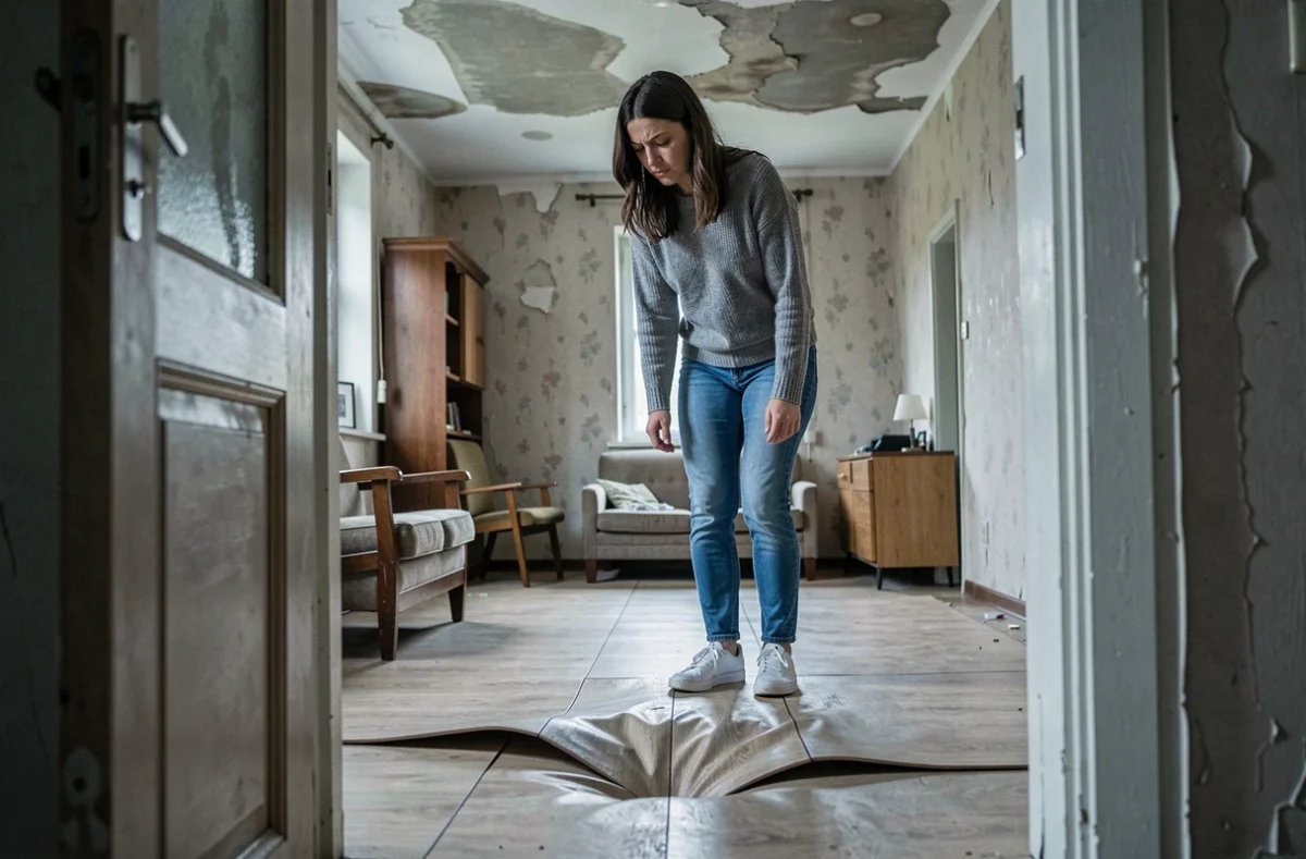 Femme inquiète observant un plancher en stratifié bombé et affaissé dans un appartement ancien