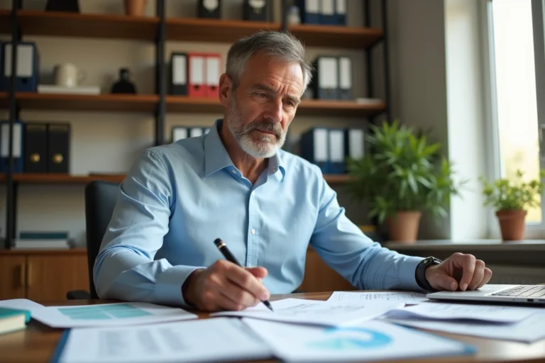 Propriétaire immobilier consultant des documents de prolongation de la loi Scellier à son bureau à domicile
