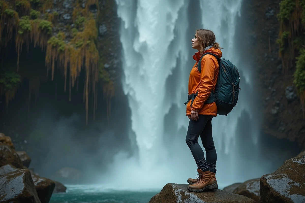 Randonneuse admirant la cascade du Grand Baou depuis un rocher plat au cœur d'une gorge sauvage