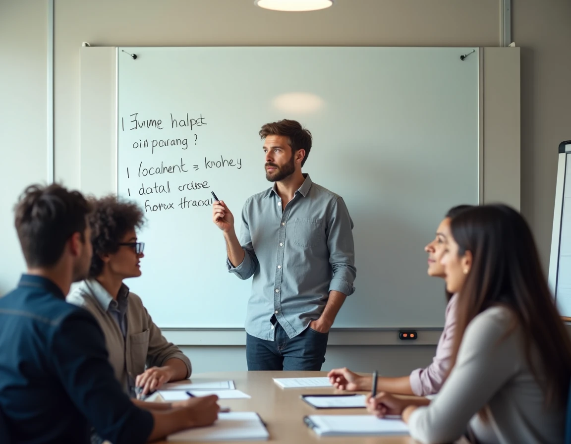 Homme présentant des variantes orthographiques de termes professionnels à une équipe lors d'une réunion