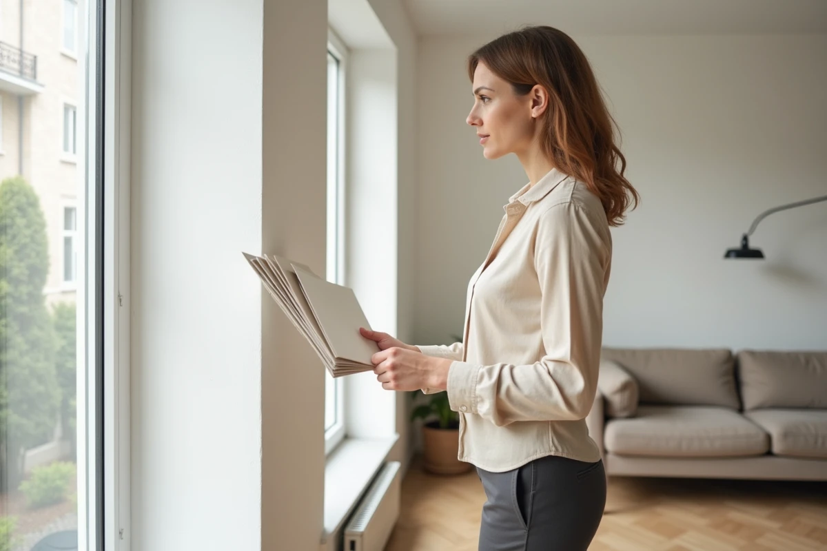Innenarchitekt, der ein feines Aluminiumprofil von Reynaers in einer renovierten zeitgenössischen Wohnung untersucht