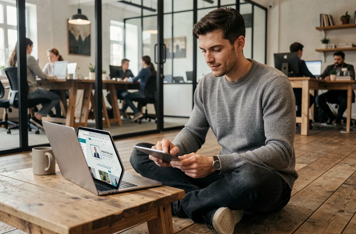 Jeune homme travaillant sur la structure et les rubriques d'un site de marketing digital avec laptop et tablette dans un coworking
