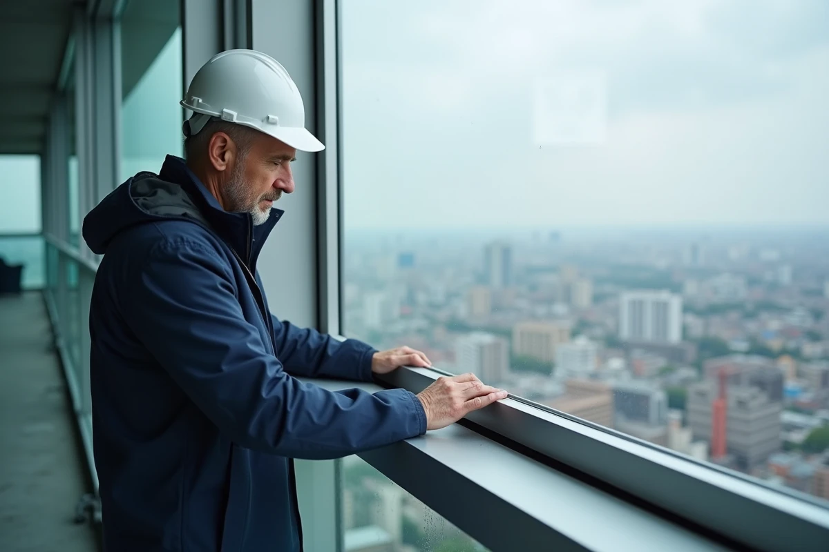 Ingenieur, der ein Schüco-Profil für große Fensterfronten auf einer Baustelle inspiziert