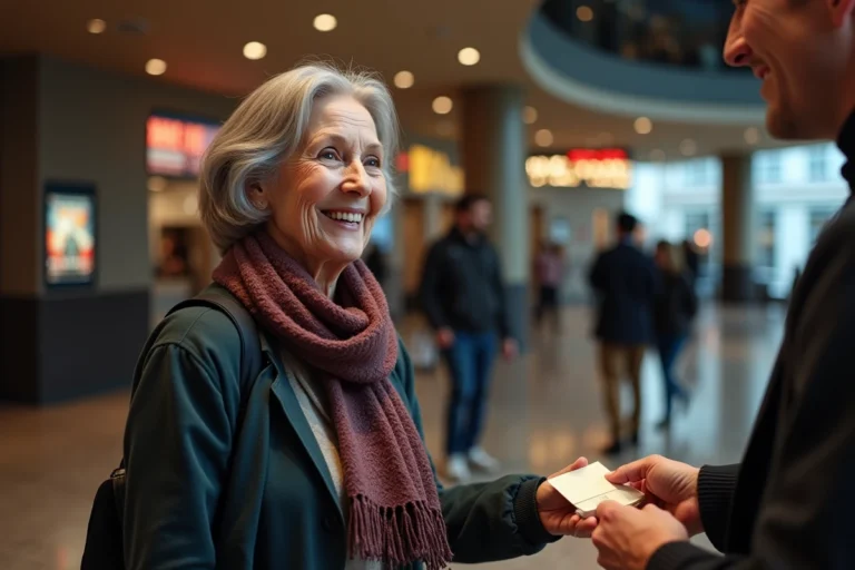 Femme senior souriante recevant un ticket au cinéma