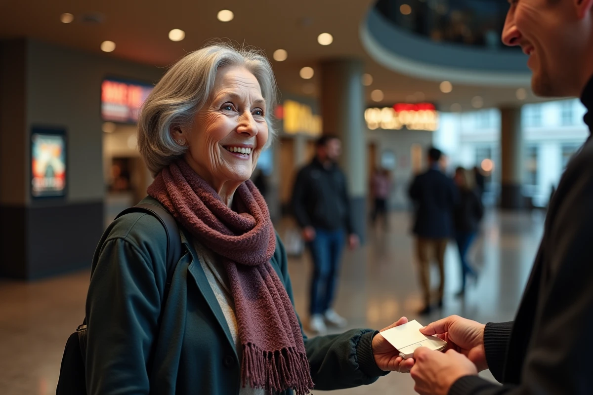 Femme senior souriante recevant un ticket au cinéma