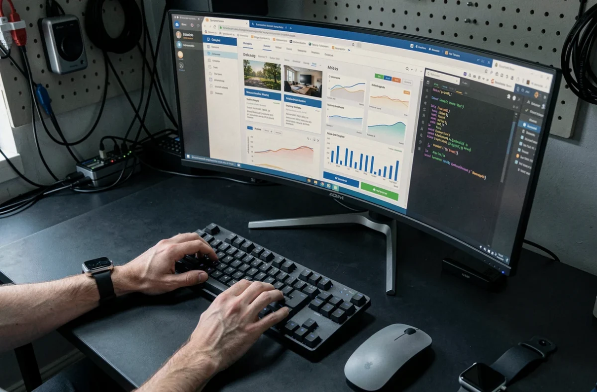 Gros plan sur un setup informatique moderne avec clavier mécanique, écran ultrawide et tutoriels high-tech ouverts dans un navigateur web