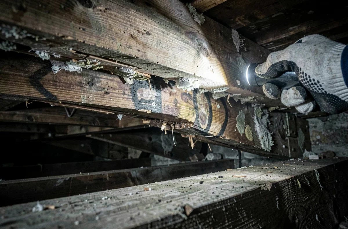 Solives de plancher pourries et moisies visibles depuis le vide sanitaire d'une habitation