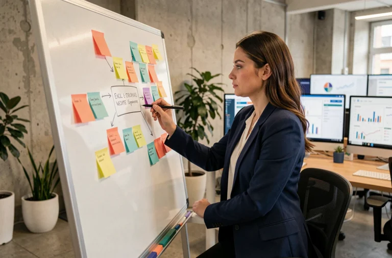Femme en blazer marine dessinant la structure d'un site de marketing digital sur un tableau blanc dans un bureau moderne