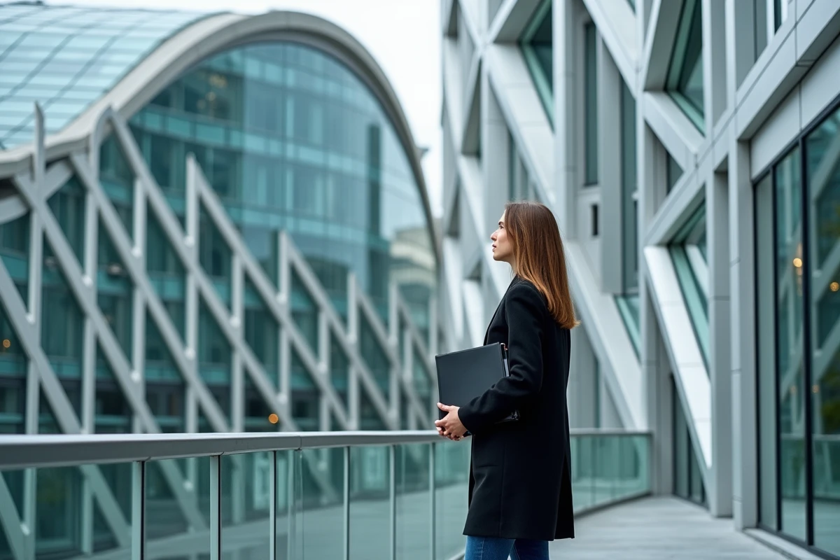 Architekt vor einer komplexen Aluminiumfassade, die mit Technal-Profilen an einem öffentlichen Gebäude realisiert wurde