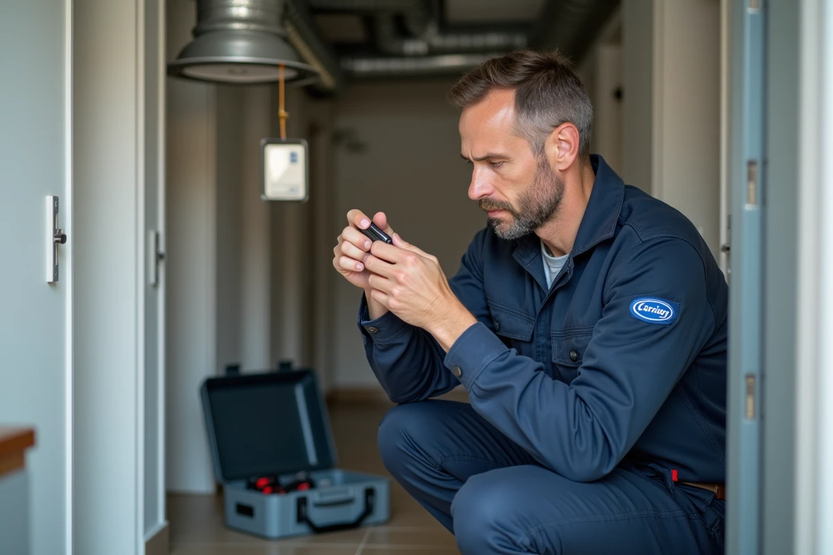 Technicien Carrier en intervention sur une climatisation gainable dans un couloir d'appartement résidentiel à Montpellier