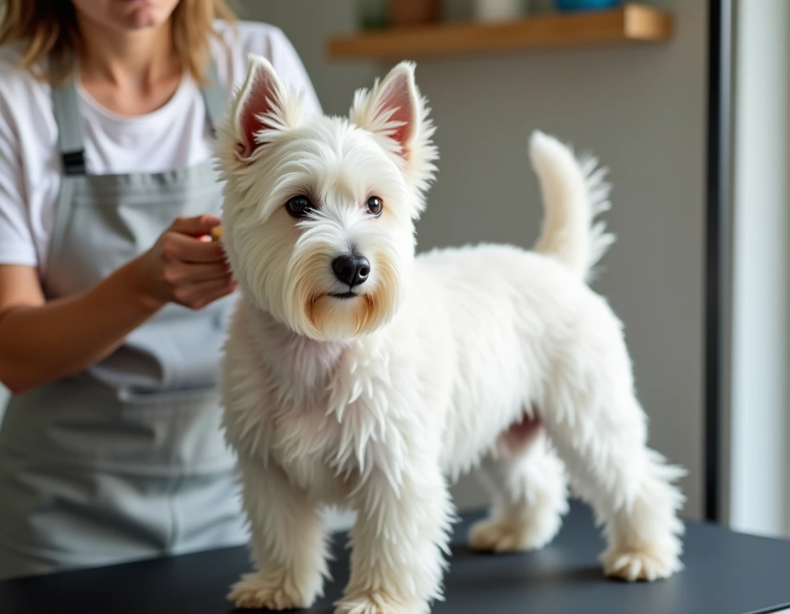 Femme toilettant un Westie adulte sur une table de toilettage à domicile avec une brosse douce
