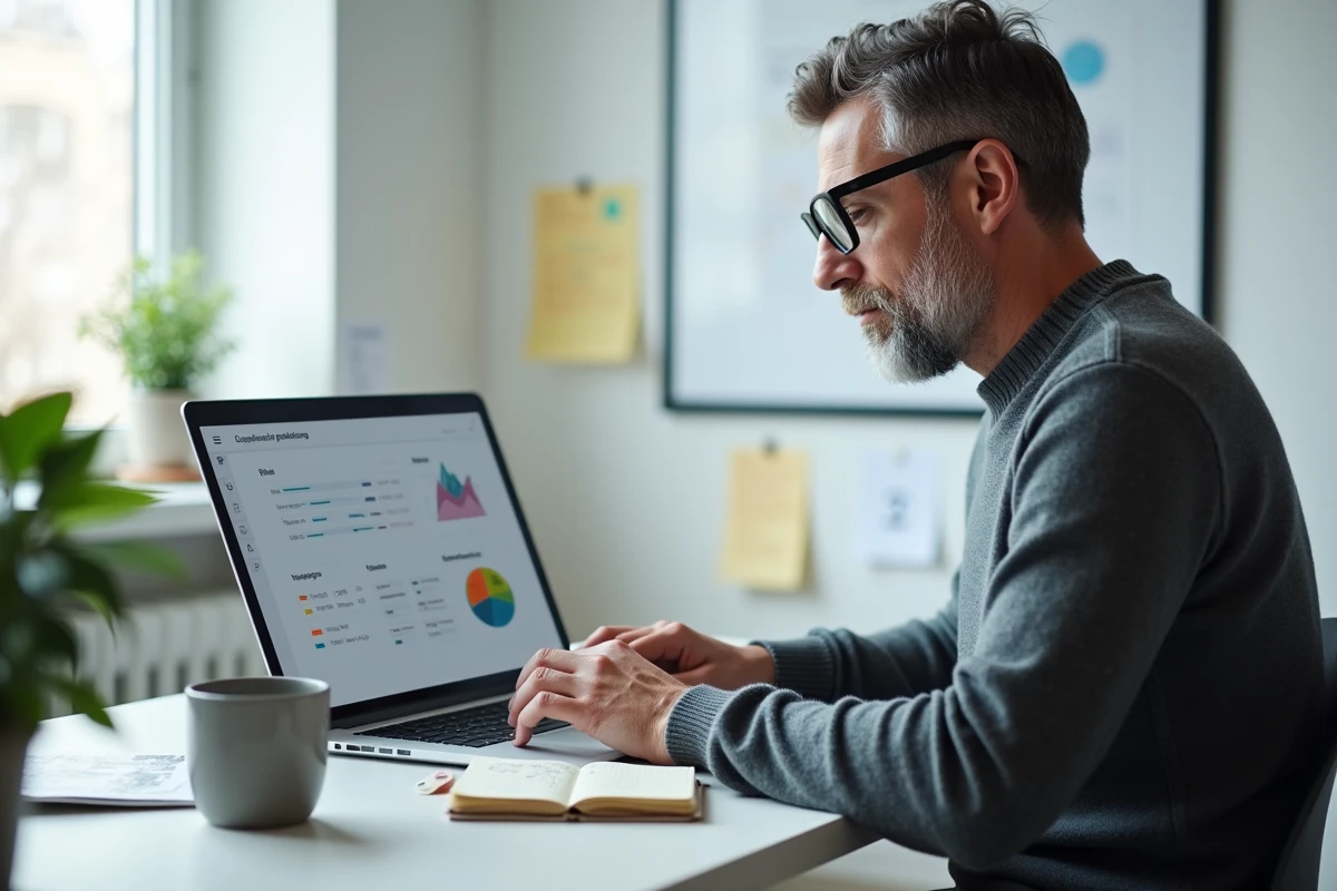 Homme travaillant sur une plateforme coopérative numérique depuis son bureau à domicile, représentant la gestion participative moderne