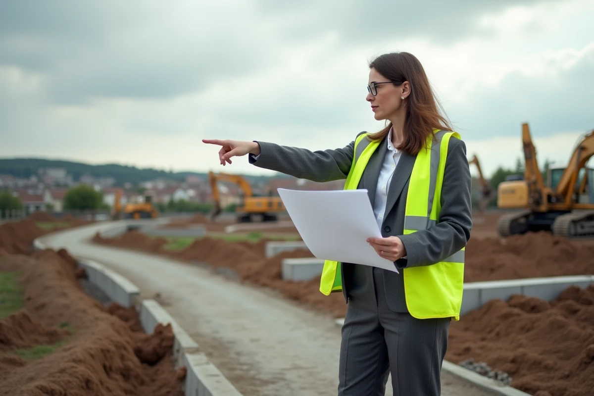 Urbaniste d'une intercommunalité supervisant un chantier d'infrastructure routière en zone périurbaine