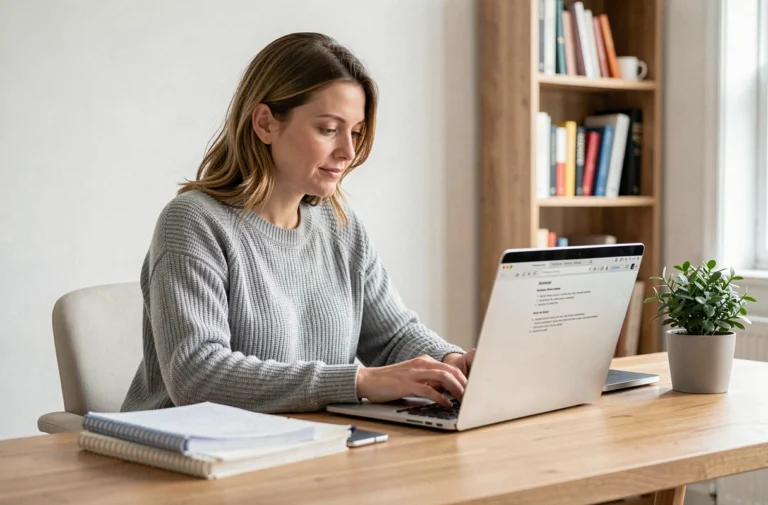 Femme consultant les conditions d'utilisation de Dirvox sur son ordinateur portable dans un bureau à domicile
