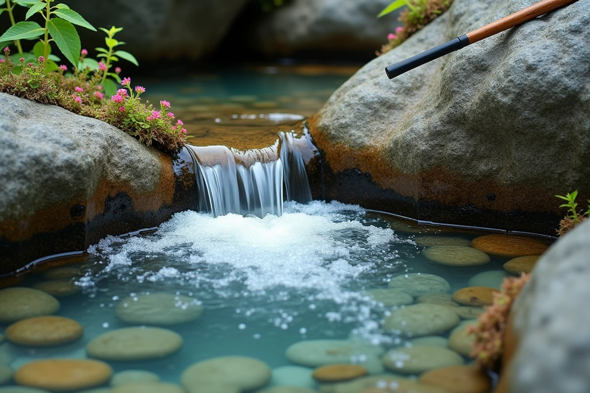 Vasque naturelle aux eaux cristallines alimentée par la cascade du Grand Baou avec des galets colorés visibles sous la surface