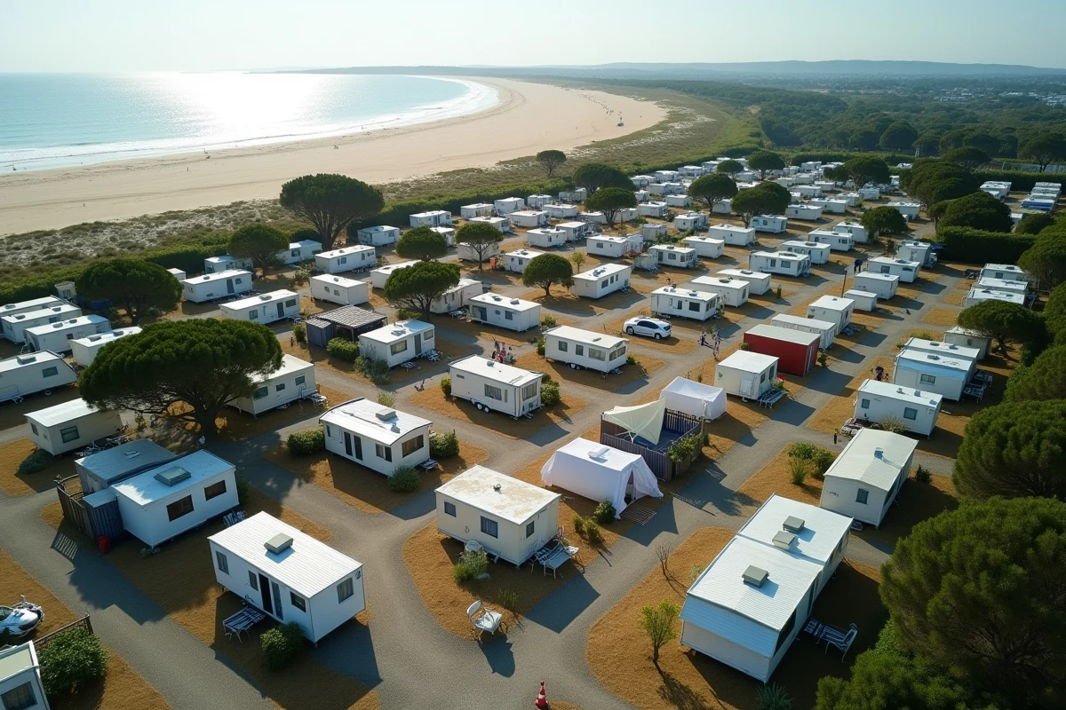 Vue panoramique d'un grand camping organisé sur la côte atlantique française avec mobil-homes et tentes