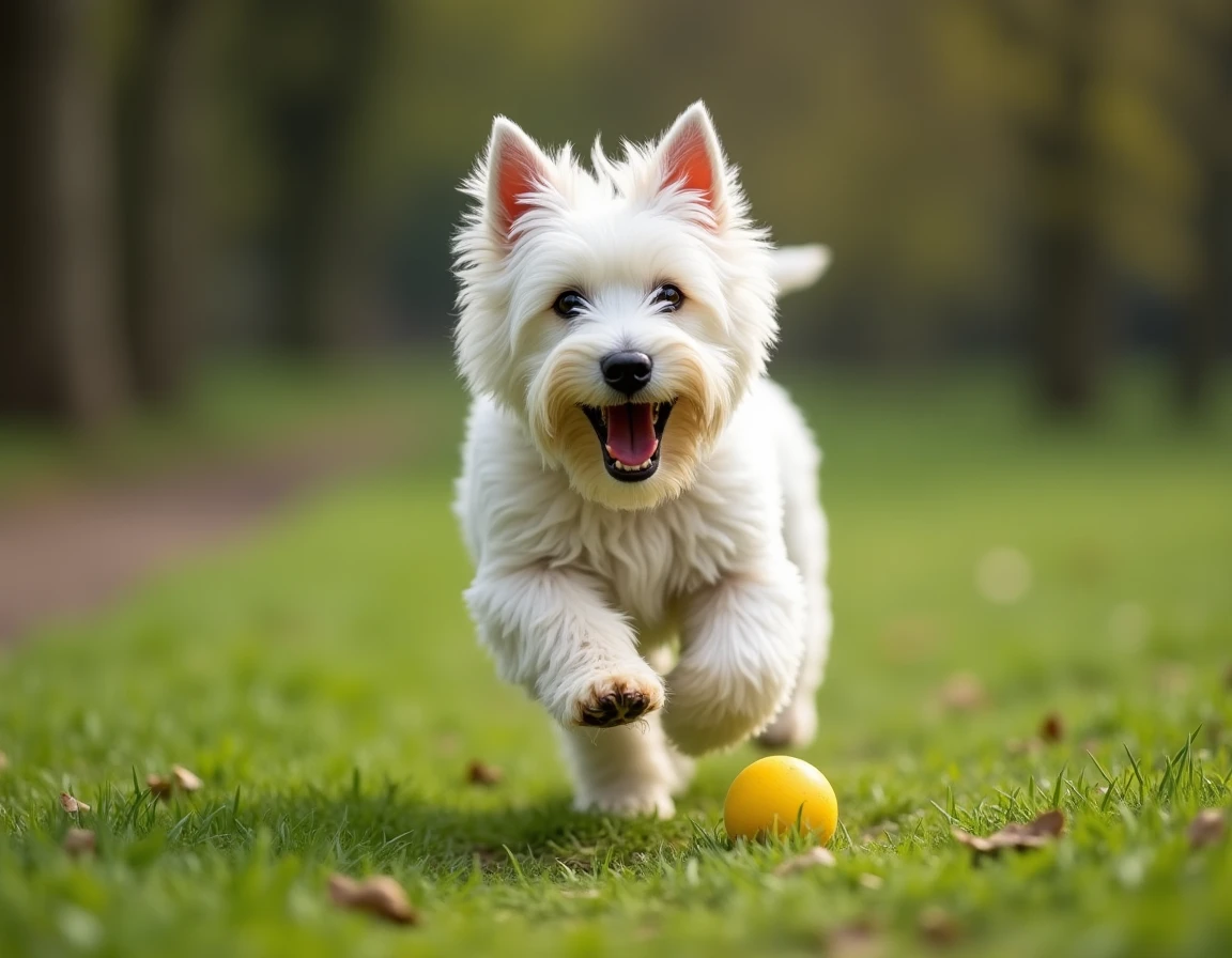 Westie en train de courir et jouer avec une balle dans un parc verdoyant en plein air