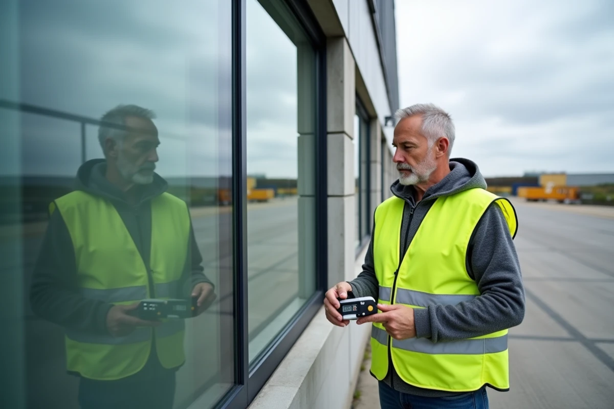 Ingenieur, der ein robustes Wicona-Aluminiumfenstersystem in einem Industriegebäude inspiziert